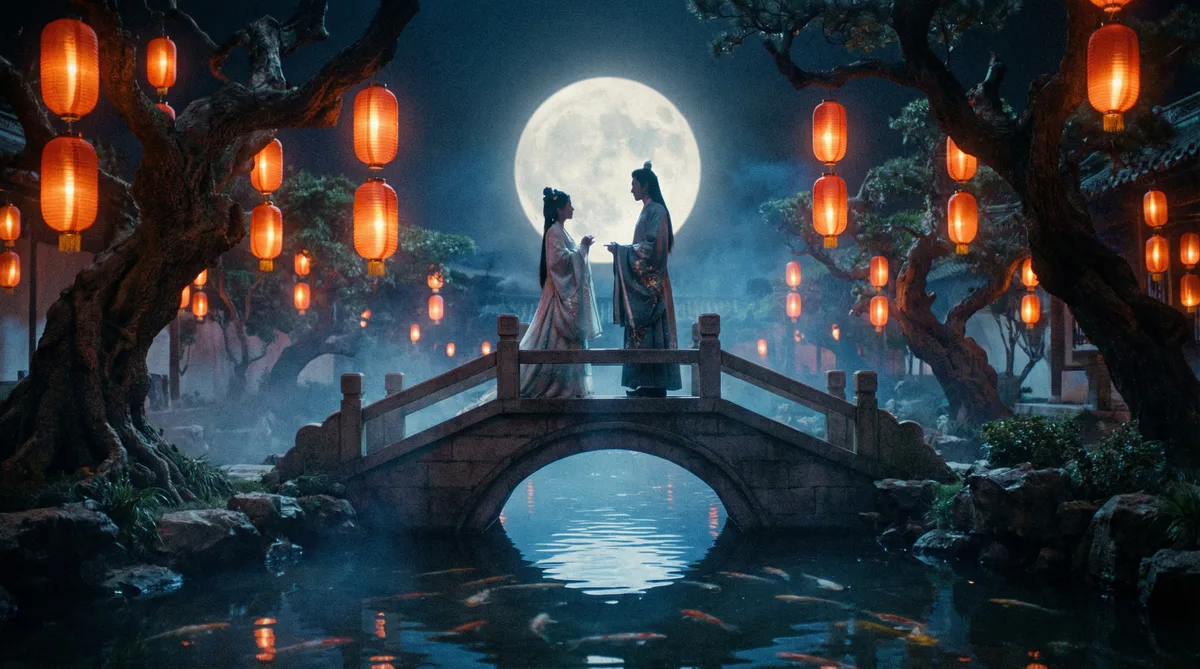 香蕉视频古典爱情片拍摄剧照-月下花园场景